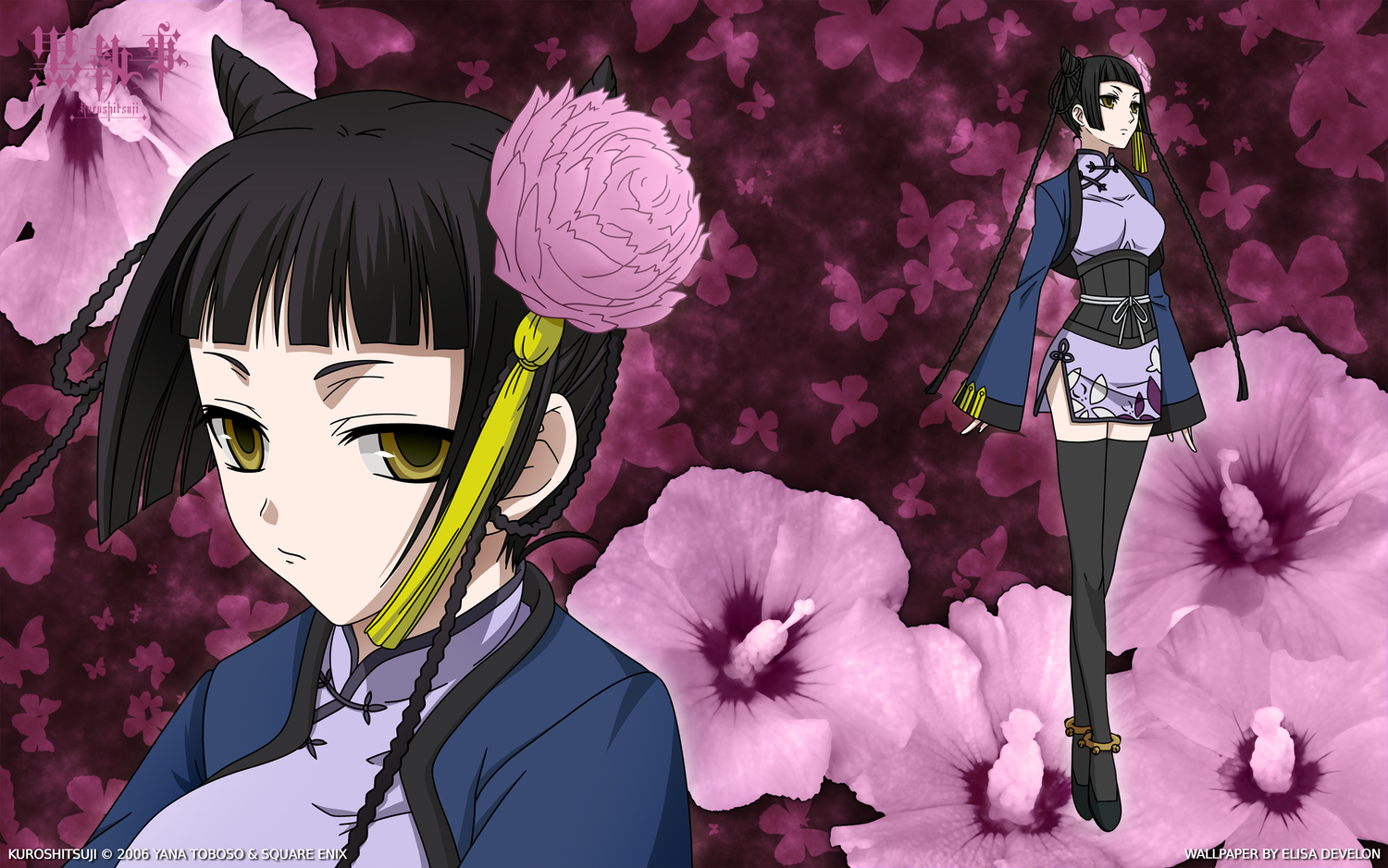 black_hair, chinese_clothes, close, flowers, kuroshitsuji, ran-mao, thighhighs
