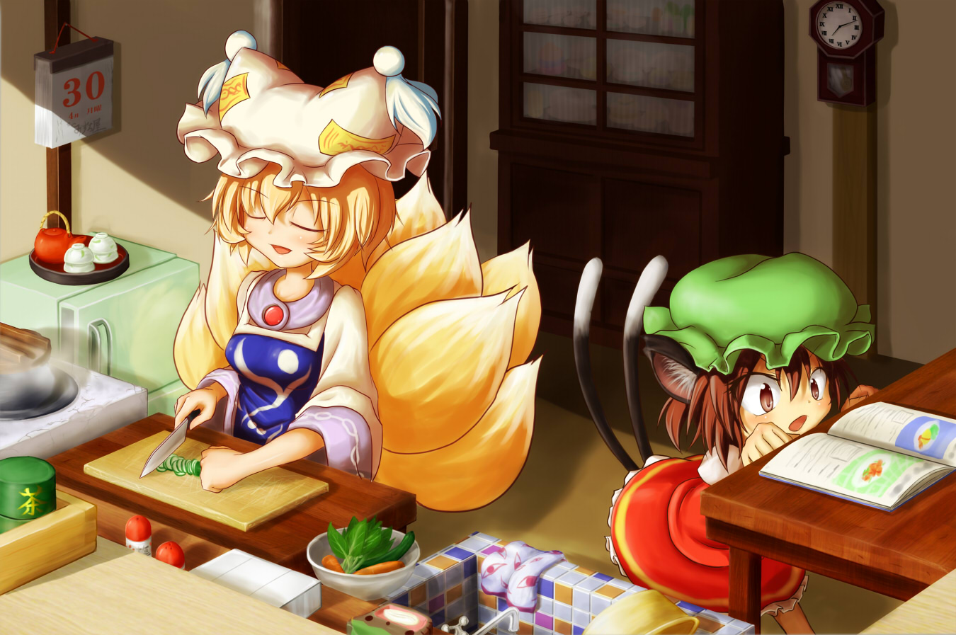 2girls, animal_ears, apron, blonde_hair, bontoro, book, brown_eyes, brown_hair, catgirl, chen, foxgirl, hat, knife, multiple_tails, tail, touhou, yakumo_ran