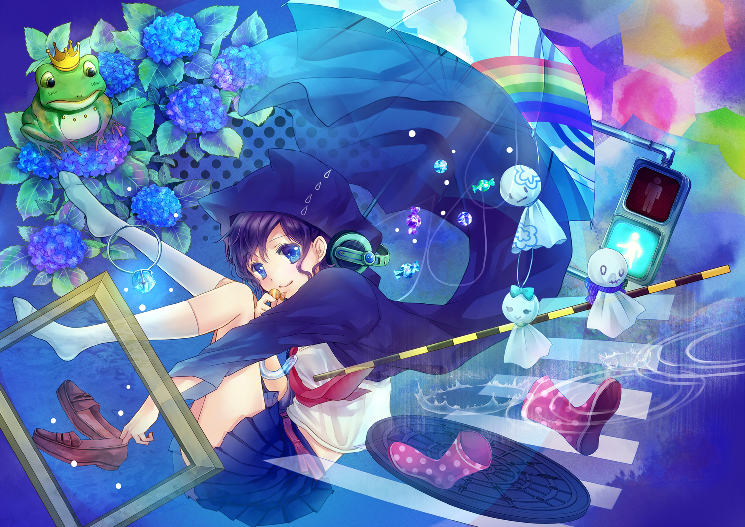animal, blue_eyes, candy, crown, flowers, frog, headphones, koyami_tsukito, original, purple_hair, rainbow, school_uniform, short_hair, umbrella