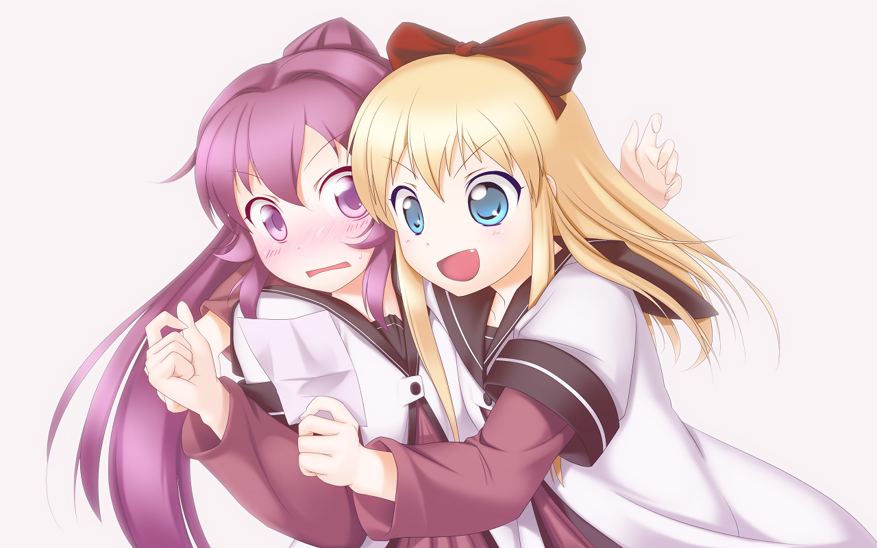 2girls, blonde_hair, blush, bow, jerry, purple_eyes, purple_hair, school_uniform, sugiura_ayano, toshinou_kyouko, white, yuru_yuri