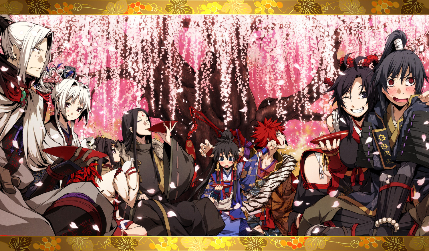 black_hair, g_yuusuke, kajiri_kamui_kagura, koga_rindou, kujou_shiori, kyougetsu_keishirou, kyougetsu_sakuya, long_hair, madara_yakou, mibu_soujirou, mikado_ryuusui, red_hair, sakagami_habaki, sword, weapon, white_hair