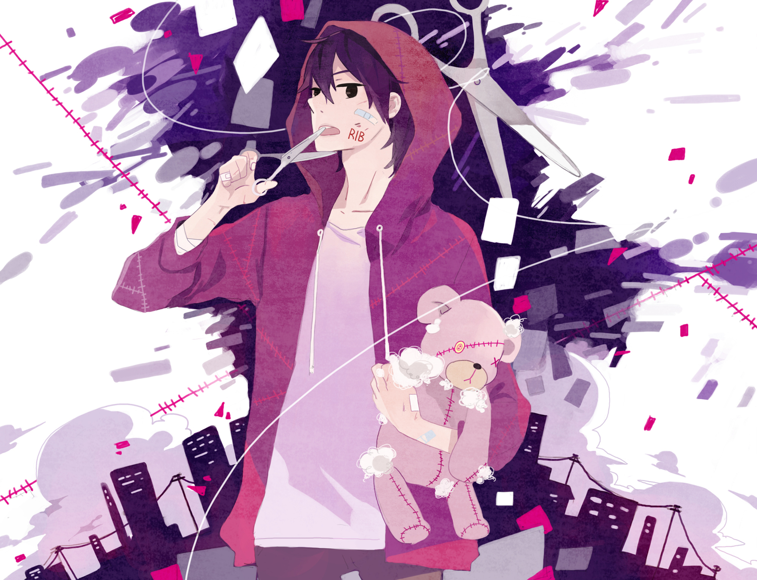 all_male, bandage, bandaid, black_eyes, brown_hair, building, city, clouds