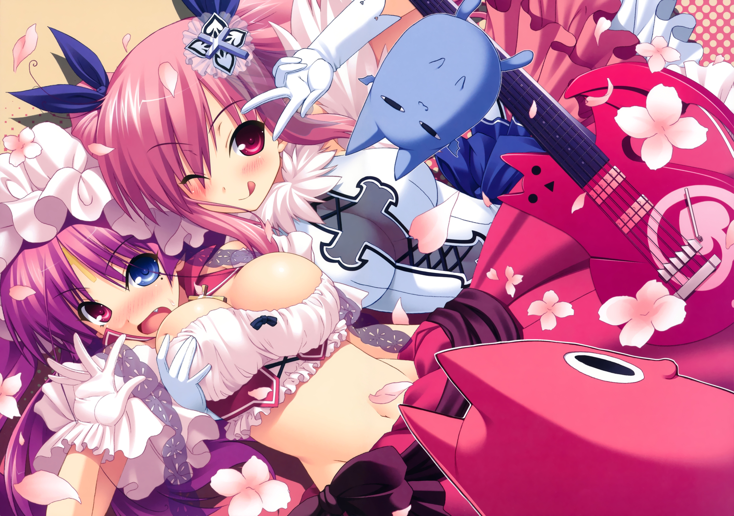 2girls, bicolored_eyes, blush, breast_grab, breasts, chua_churam, chuno_churam, chu_x_chu, cleavage, dress, fang, flowers, gloves, guitar, instrument, long_hair, navel, ozawa_akifumi, petals, purple_hair, red_eyes, red_hair, wink