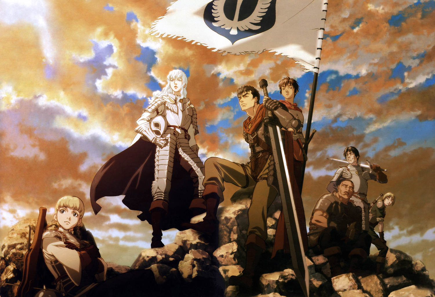 armor, berserk, blue_eyes, brown_eyes, brown_hair, cape, caska, clouds, griffith, guts, judeau, long_hair, male, pippin, rickert, short_hair, sword, weapon, white_hair