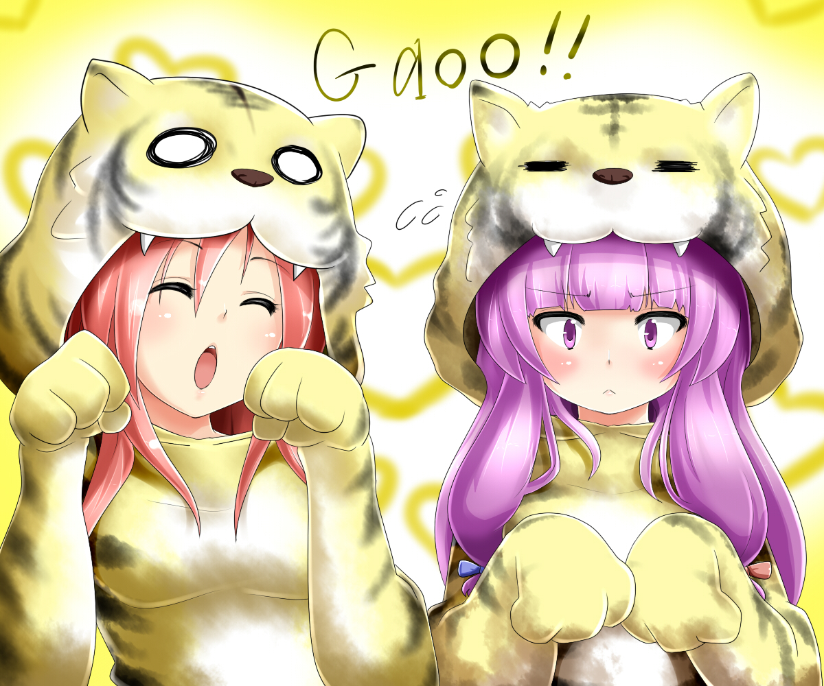2girls, animal_ears, demon, koakuma, long_hair, miki_purasu, patchouli_knowledge, purple_eyes, purple_hair, red_hair, ribbons, touhou