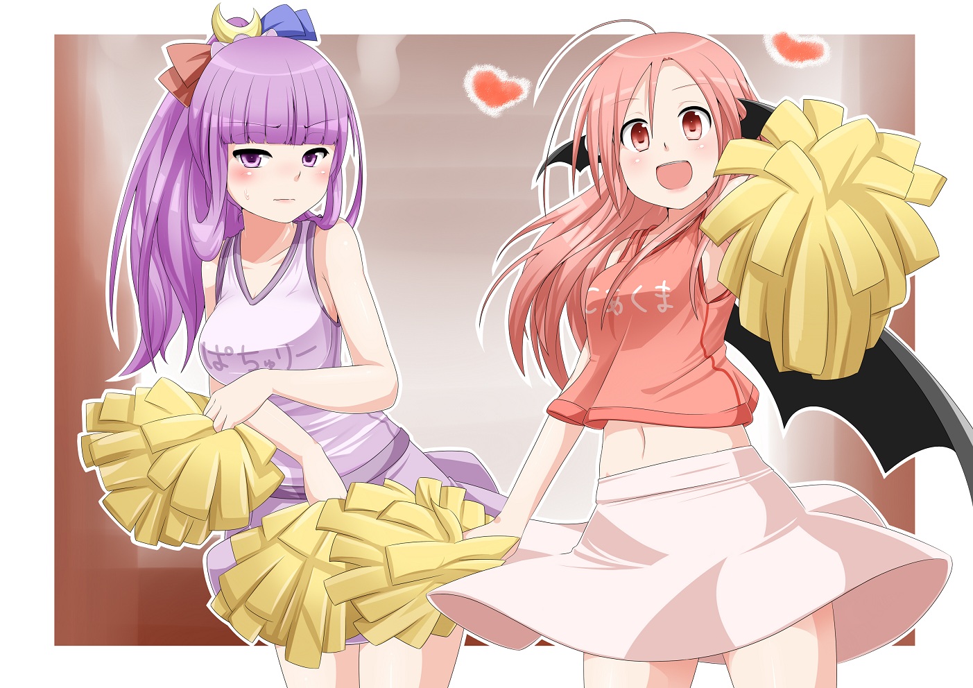 2girls, cheerleader, demon, koakuma, miki_purasu, patchouli_knowledge, purple_hair, red_hair
