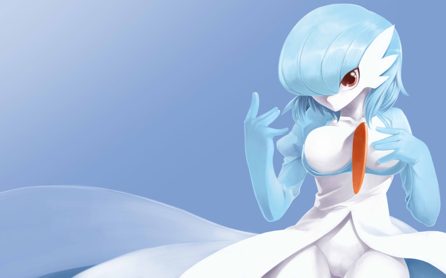 blue_hair, breasts, cameltoe, gardevoir, no_humans, phenne, pokemon, red_eyes