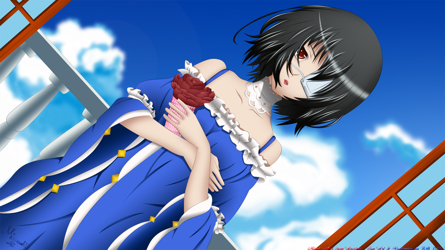 another, black_hair, eyepatch, misaki_mei, miyazaki_rei, red_eyes, short_hair, signed, sky