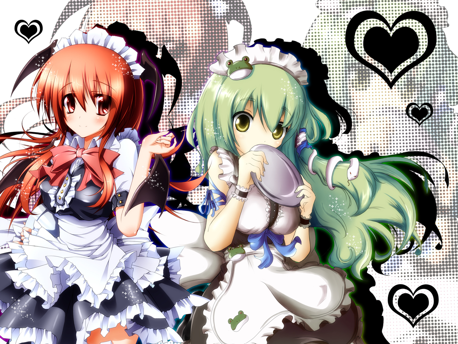 demon, koakuma, kochiya_sanae, maid, midoriiro_no_shinzou, touhou, wings