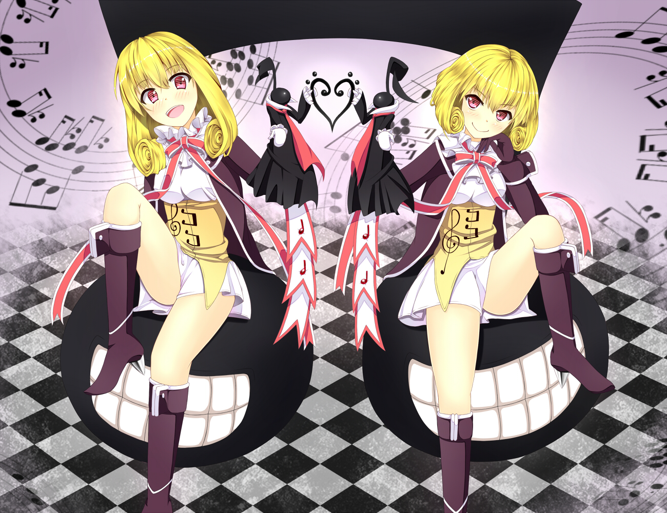 blonde_hair, boots, dress, long_hair, music, ribbons, short_hair, tagme_(character), yua_(k-8810), yumekui_merry