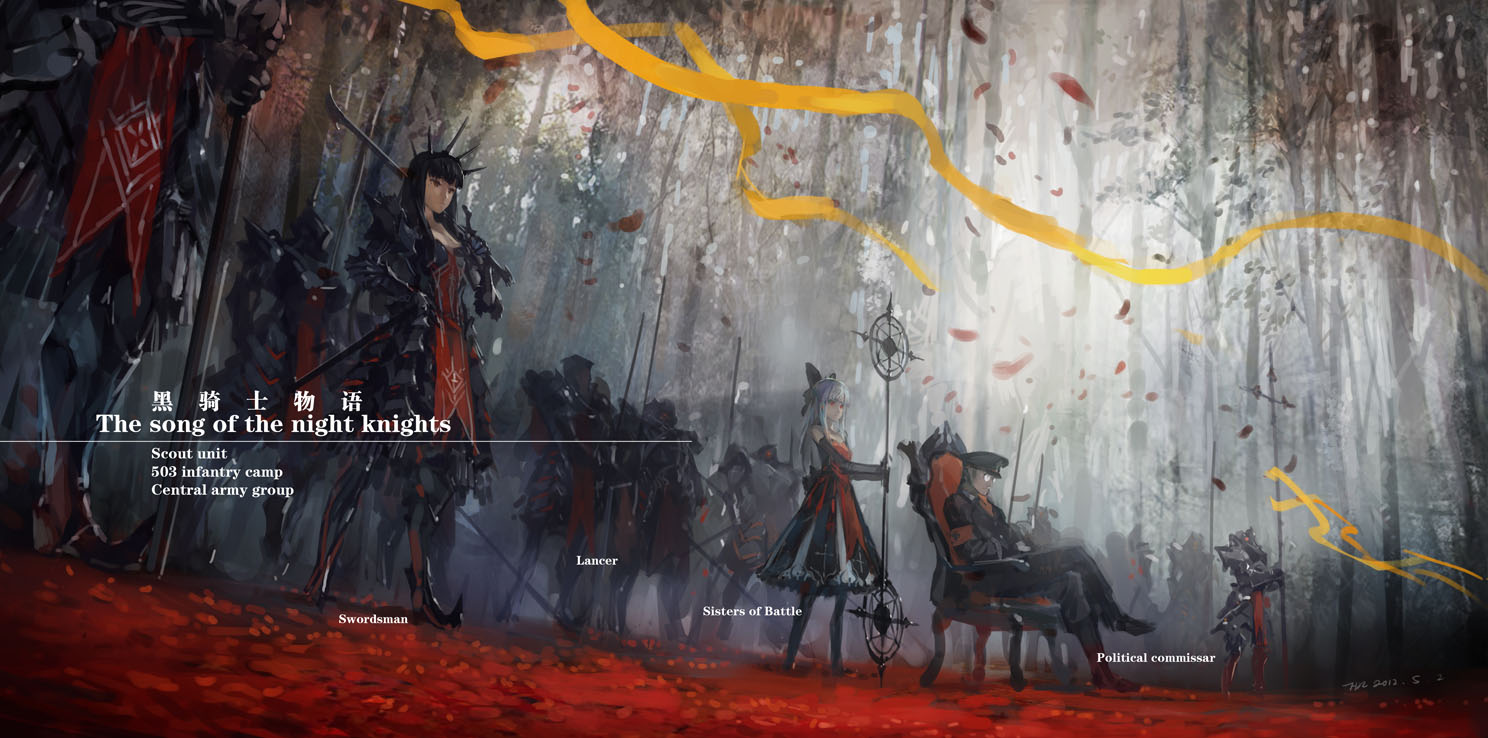 armor, black_hair, bow, dress, forest, glasses, hat, hjl