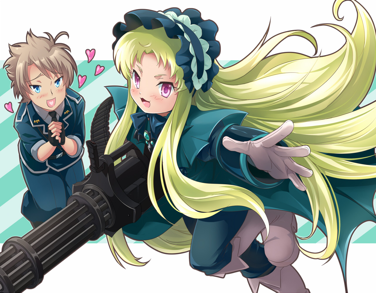 alexander_(twin_angel), blue_eyes, brown_hair, gloves, green_hair, gun, kaitou_tenshi_twin_angel, kouzu_shou