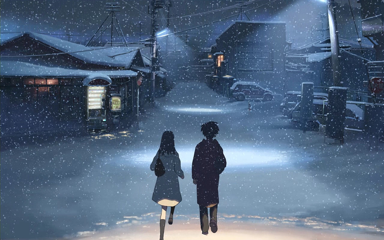 black_hair, byousoku_5_centimetre, car, jpeg_artifacts, night, shinohara_akari, snow, toono_takaki