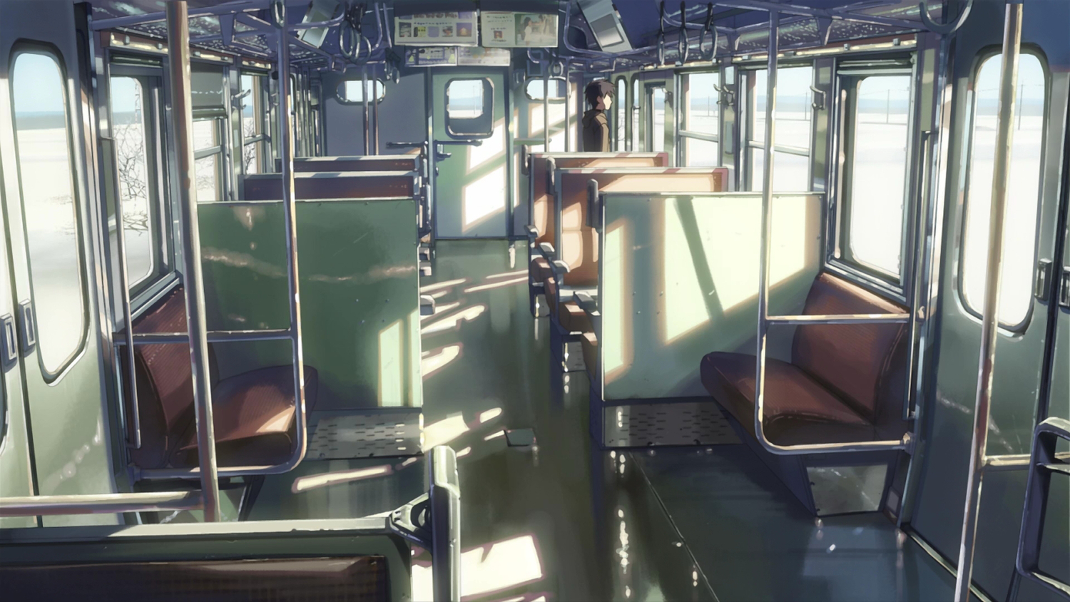 all_male, brown_hair, byousoku_5_centimetre, male, realistic, shinkai_makoto, snow, toono_takaki, train