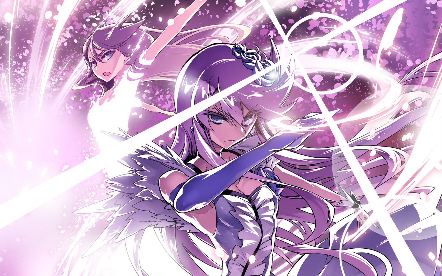 blue_eyes, dress, flowers, gloves, heartcatch_precure!, ishida_akira, long_hair, petals, precure, purple_hair, ribbons, rose, tsukikage_yuri