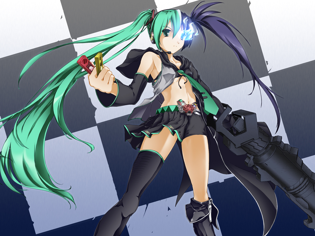 aqua_hair, bikini_top, black_hair, black_rock_shooter, boots, crossover, green_eyes, hatsune_miku, kuroi_mato, long_hair, shorts, skirt, thighhighs, tie, twintails, unatama, vocaloid, weapon