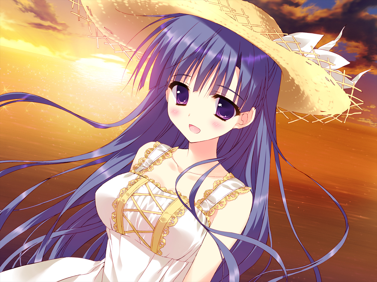 blush, dress, feng, game_cg, hat, hoshizora_e_kakaru_hashi, hoshizora_e_kakaru_hashi_aa, koumoto_madoka, long_hair, purple_eyes, purple_hair, ryohka, sunset, water
