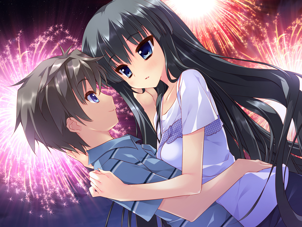 black_hair, blue_eyes, feng, fireworks, game_cg, hoshizora_e_kakaru_hashi, hoshizora_e_kakaru_hashi_aa, long_hair, night, yorozu_senka