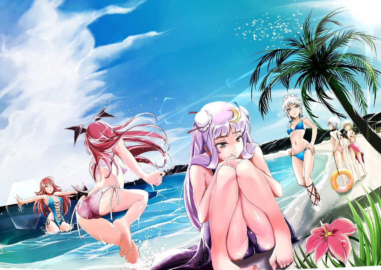 barefoot, bikini, demon, flandre_scarlet, flowers, haruhina_purple, hong_meiling, izayoi_sakuya, koakuma, patchouli_knowledge, remilia_scarlet, swimsuit, tagme, touhou, vampire, water, wet