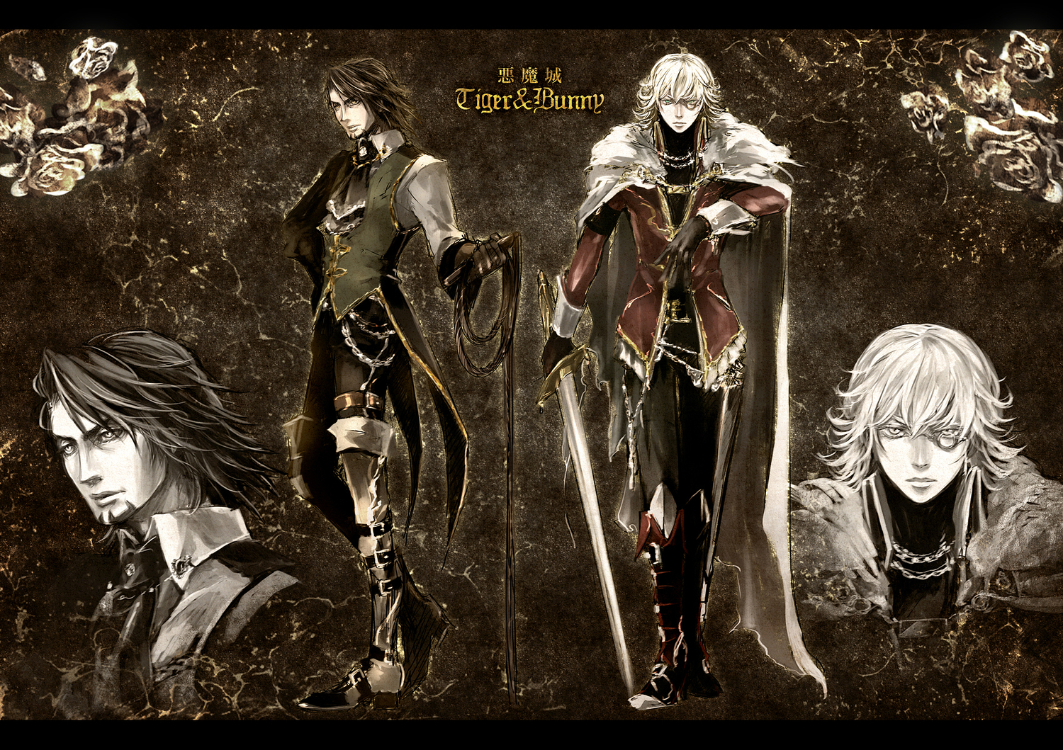 all_male, barnaby_brooks_jr, blonde_hair, boots, brown_eyes, brown_hair, cape, green_eyes, kaburagi_t_kotetsu, male, mochinu, sword, tiger_&_bunny, weapon
