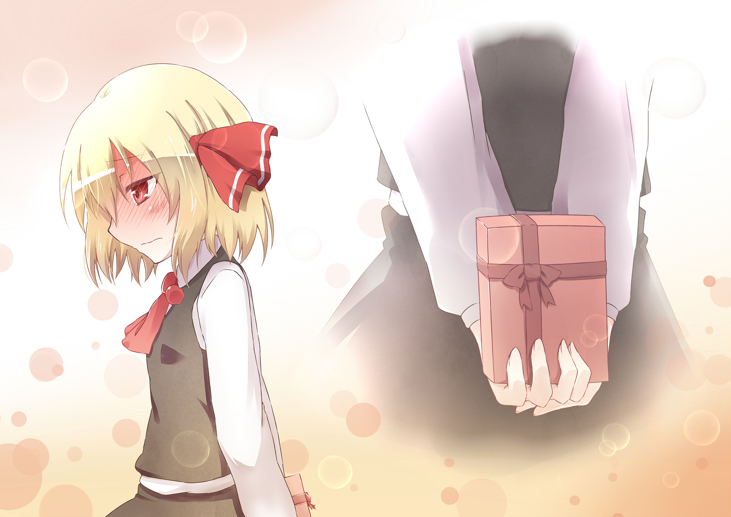 blonde_hair, blush, red_eyes, ribbons, rumia, short_hair, skirt, touhou, yutamaro