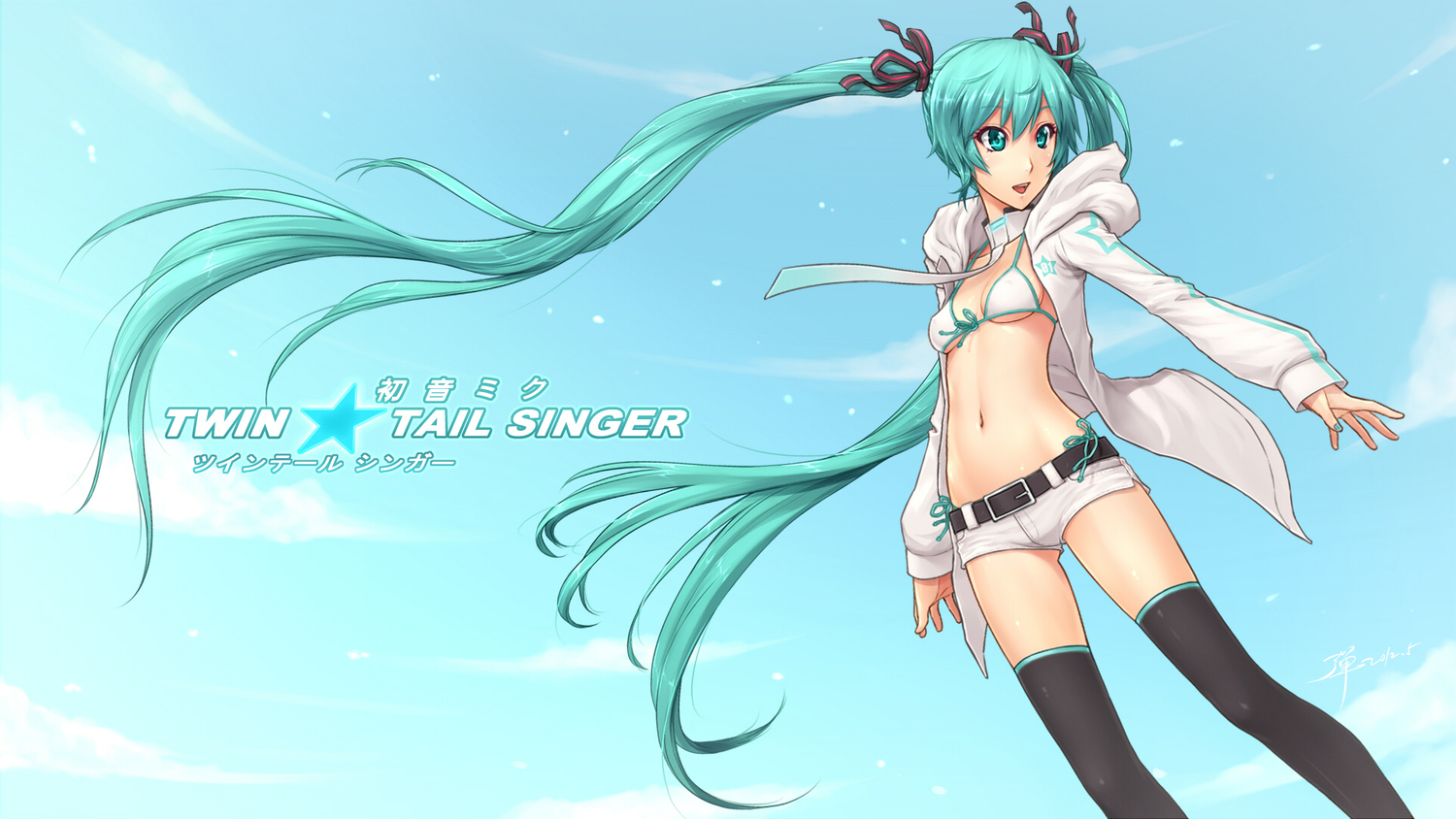 bikini_top, dan_(kumadan), hatsune_miku, long_hair, shorts, thighhighs, twintails, vocaloid
