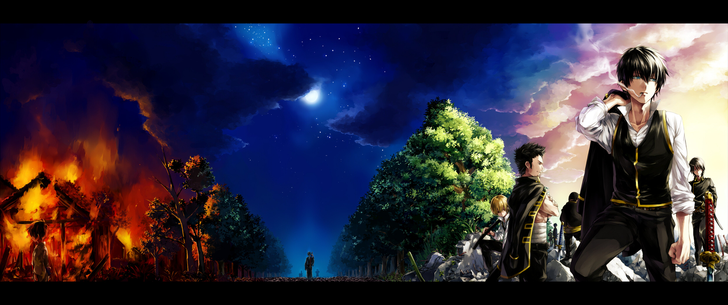 all_male, black_hair, blonde_hair, blue_eyes, cigarette, clouds, fire, gintama, hijikata_toushirou, katana, kondou_isao, male, moon, night, okita_sougo, red_eyes, sky, stars, sword, tree, weapon, yamazaki_sagaru