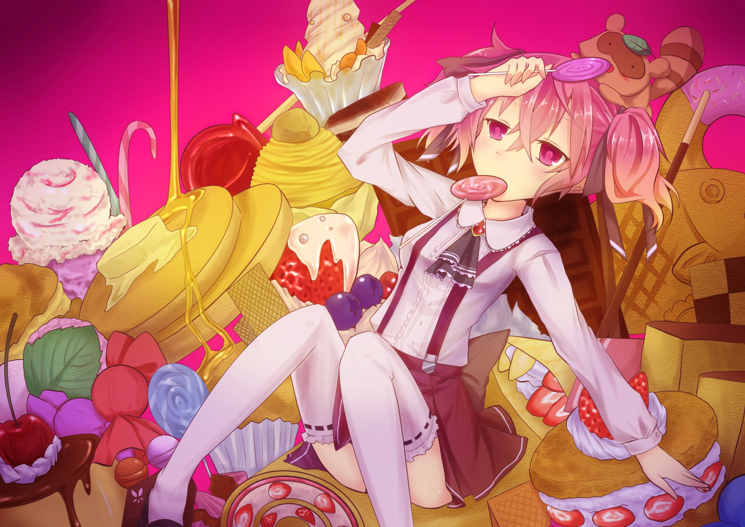 cherry, food, fruit, inu_x_boku_ss, pink_eyes, pink_hair, pocky, roromiya_karuta