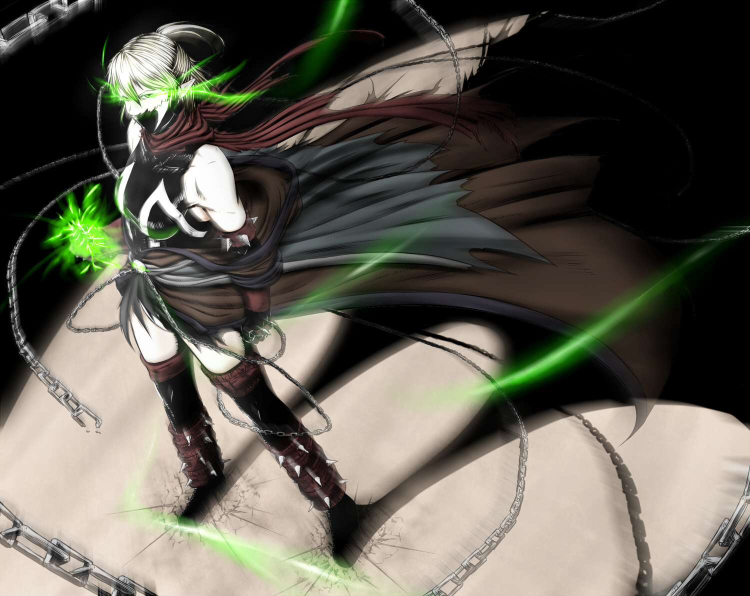 7f4df451, cape, chain, cosplay, elbow_gloves, gloves, green_eyes, mask, mizuhashi_parsee, parody, pointed_ears, scarf, short_hair, spawn, thighhighs, touhou