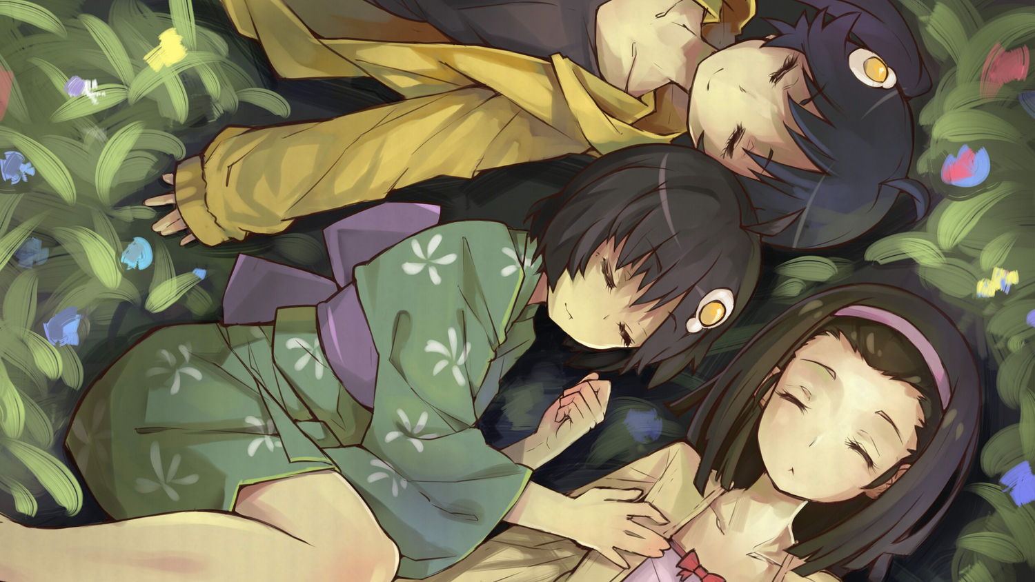 araragi_karen, araragi_tsukihi, bakemonogatari, hei_yan-m82a1, monogatari_(series), nisemonogatari, sengoku_nadeko, sleeping