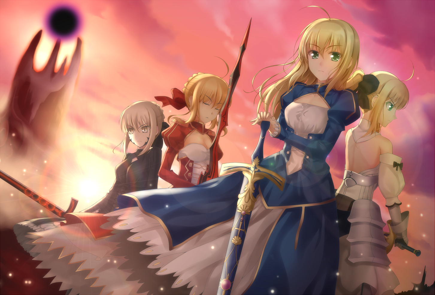 artoria_pendragon_(all), blonde_hair, dress, fate_(series), fate/stay_night, fate/zero, green_eyes, nero_claudius_(fate)
