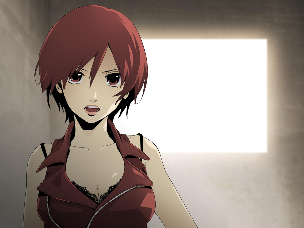 breasts, cleavage, close, hima_(ab_gata), meiko, red_eyes, red_hair, short_hair, vocaloid