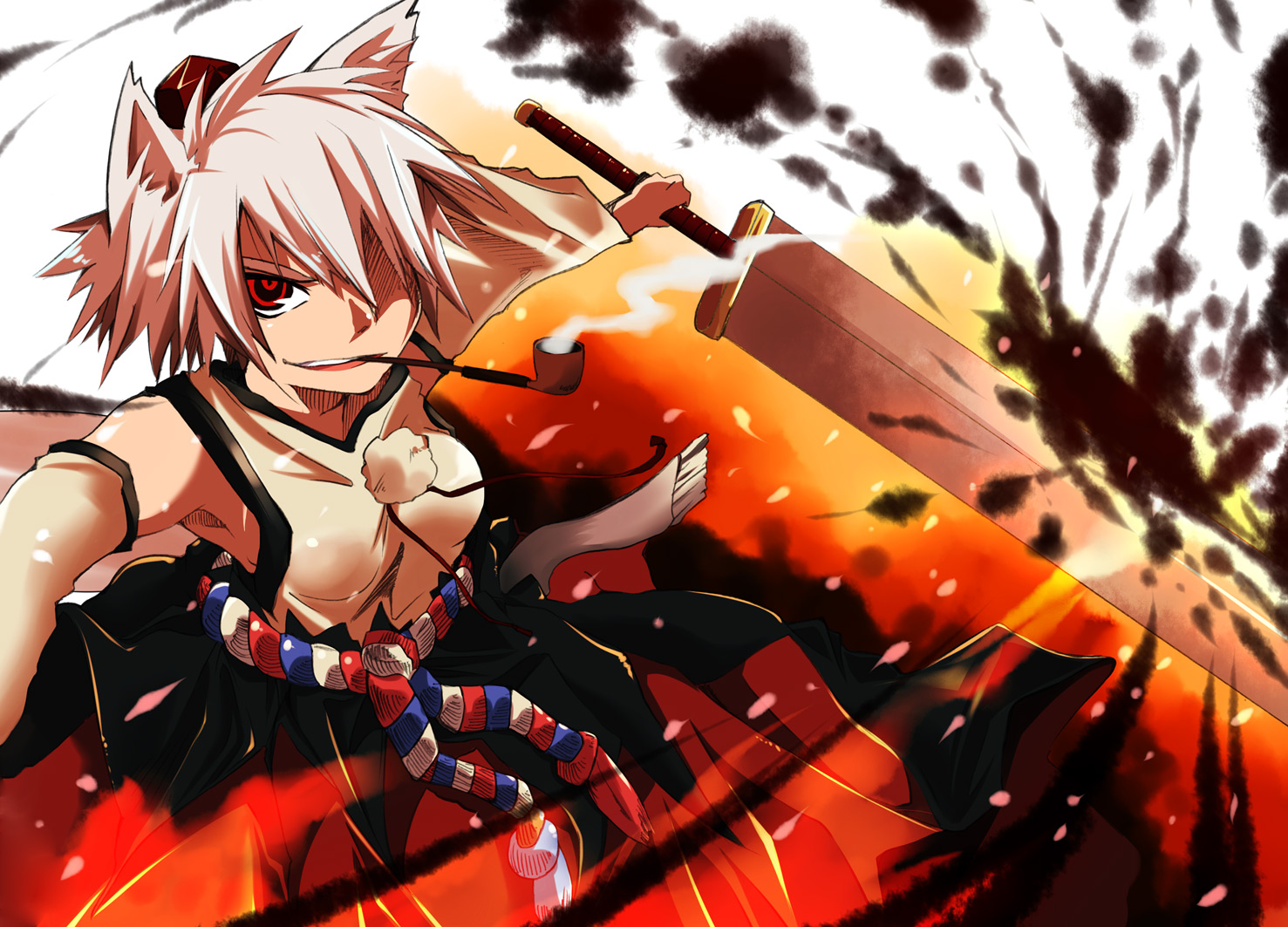 animal_ears, hat, inubashiri_momiji, matsuri_uta, red_eyes, short_hair, smoking, sword