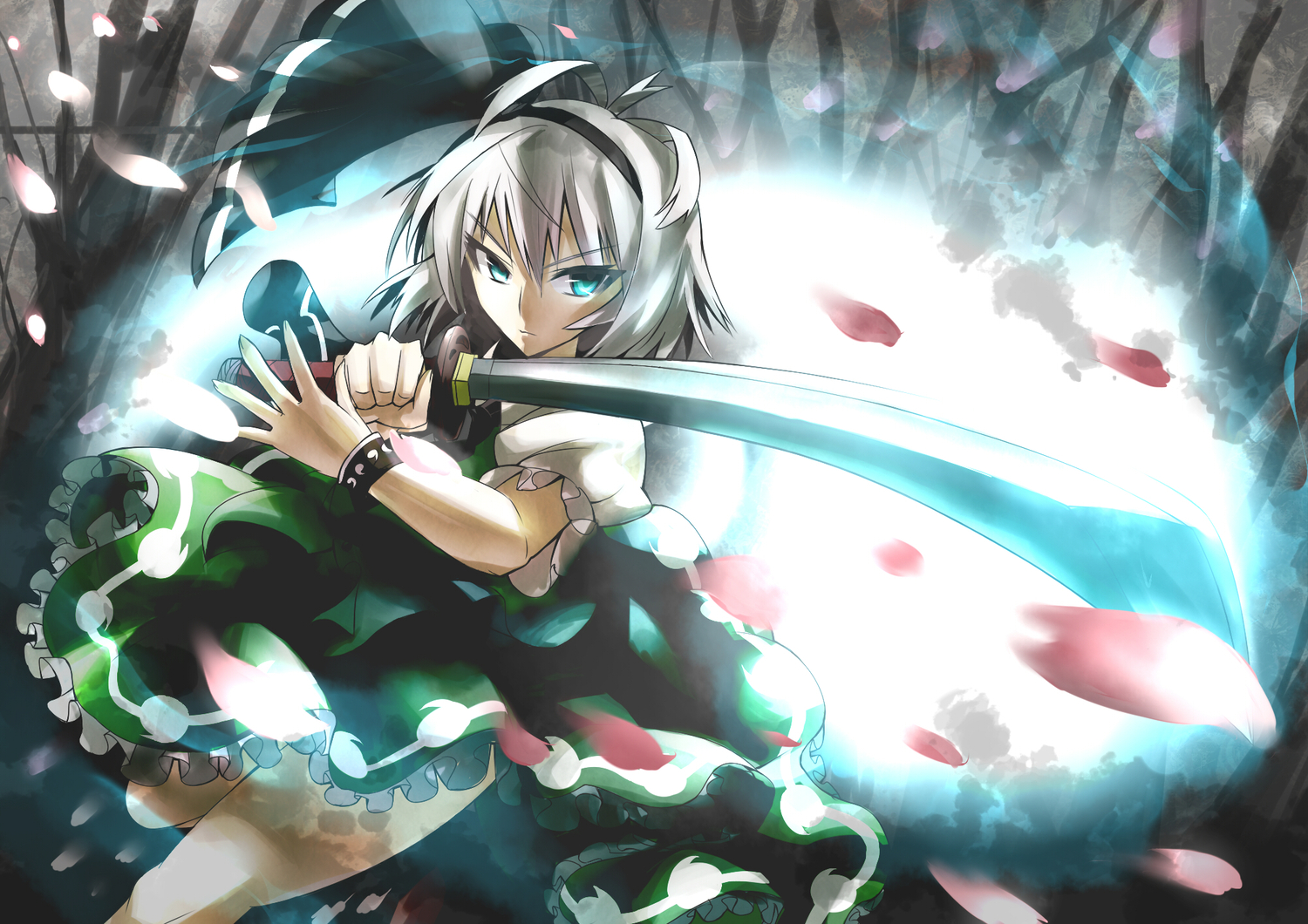 blue_eyes, bow, gibuchoko, gray_hair, konpaku_youmu, myon, petals, short_hair