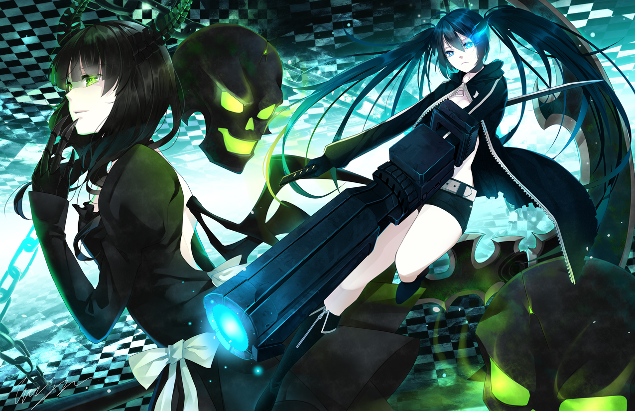 black_hair, black_rock_shooter, blue_eyes, bow, dress, green_eyes, gun, horns, katana, kuroi_mato, long_hair, sword, takanashi_yomi, tooaya, weapon, wings