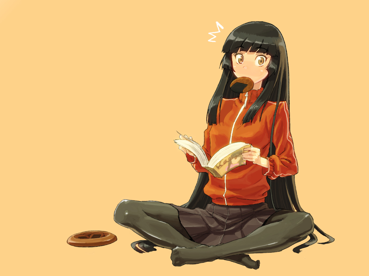 black_hair, book, food, houraisan_kaguya, long_hair, pantyhose, shiba_itsuki, skirt