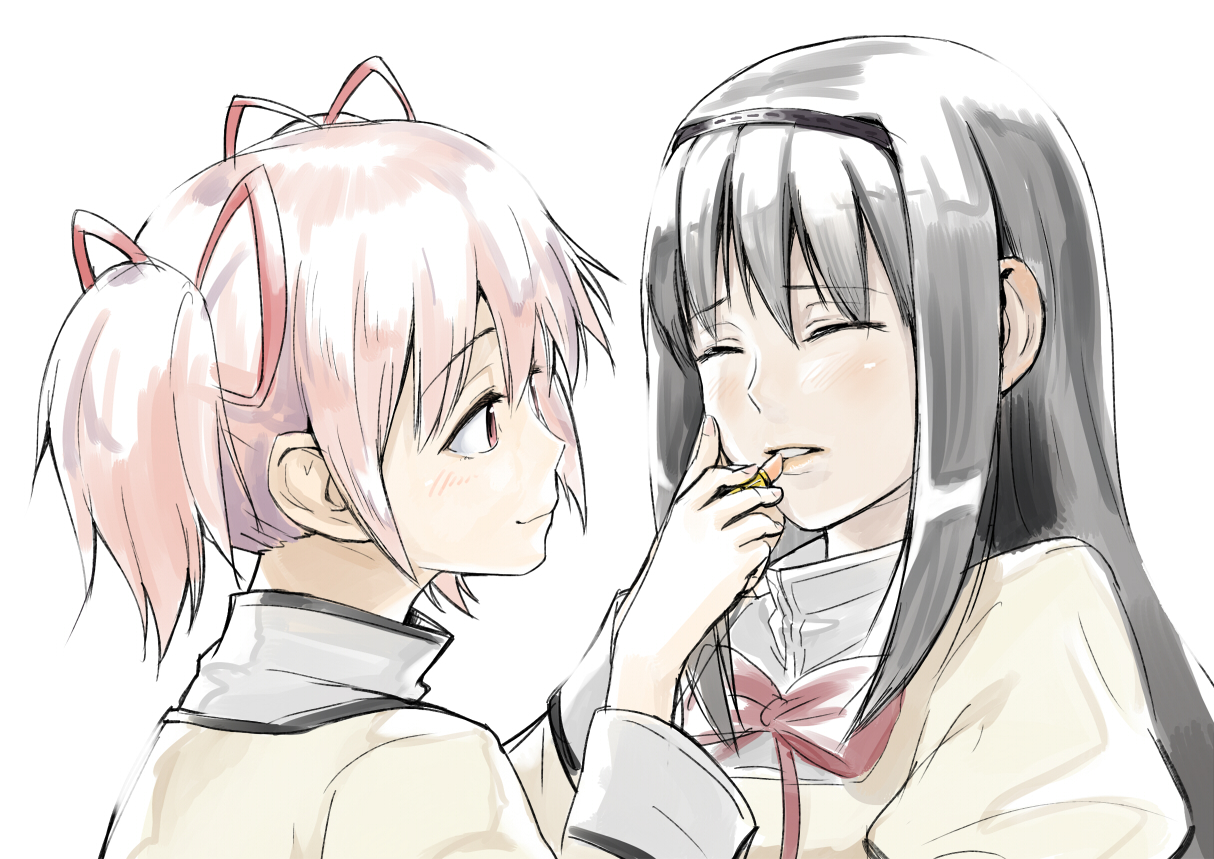 2girls, akemi_homura, black_hair, blush, kaname_madoka, mahou_shoujo_madoka_magica, pink_eyes, pink_hair