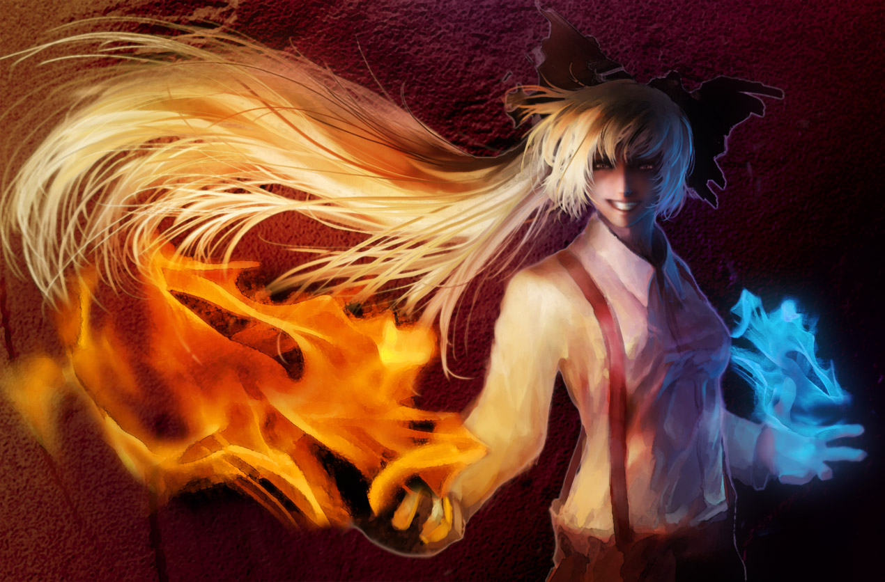 azzie_(az_man_studios), bow, fire, fujiwara_no_mokou, long_hair, ponytail, touhou, white_hair