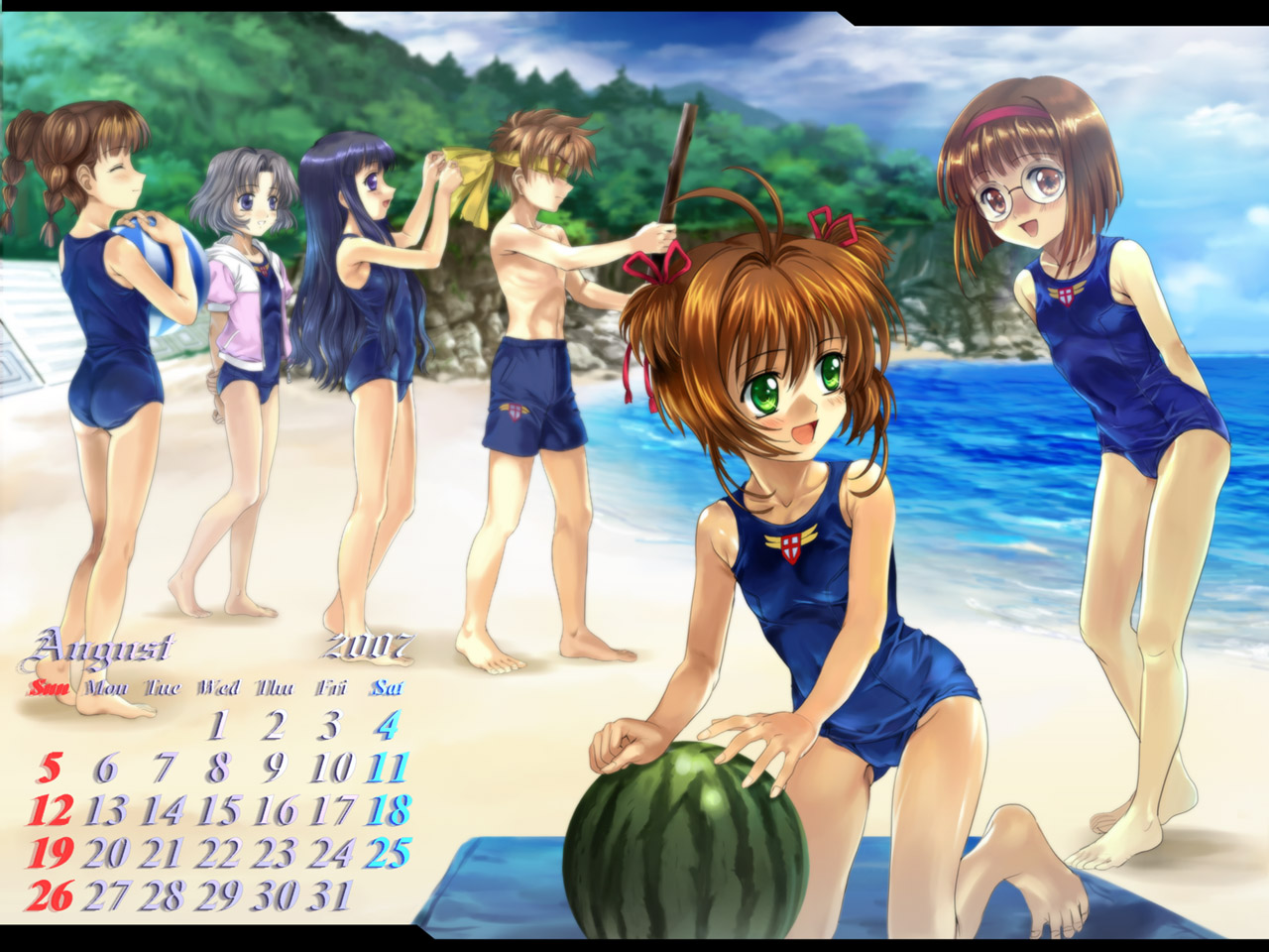 calendar, card_captor_sakura, daidouji_tomoyo, food, fruit, kinomoto_sakura, li_syaoran, mihara_chiharu