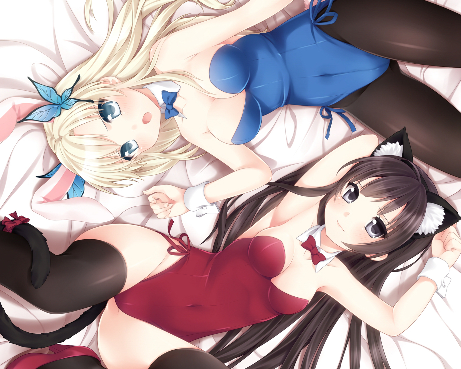 2girls, animal_ears, black_hair, blonde_hair, boku_wa_tomodachi_ga_sukunai, breasts, bunny_ears, bunnygirl, catgirl, cleavage, etou_(cherry7), kashiwazaki_sena, long_hair, mikazuki_yozora, pantyhose, tail, thighhighs