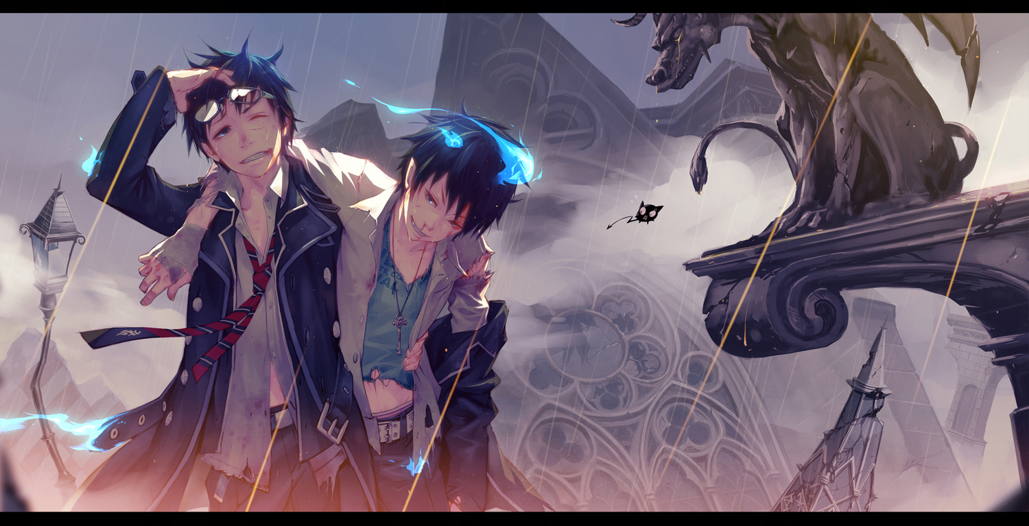 all_male, ao_no_exorcist, blood, blue_eyes, blue_hair, glasses, male, monq