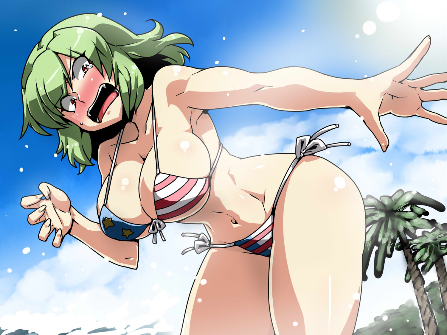bikini, blush, breasts, cleavage, green_hair, kazami_yuuka, swimsuit, touhou, tsuki_wani