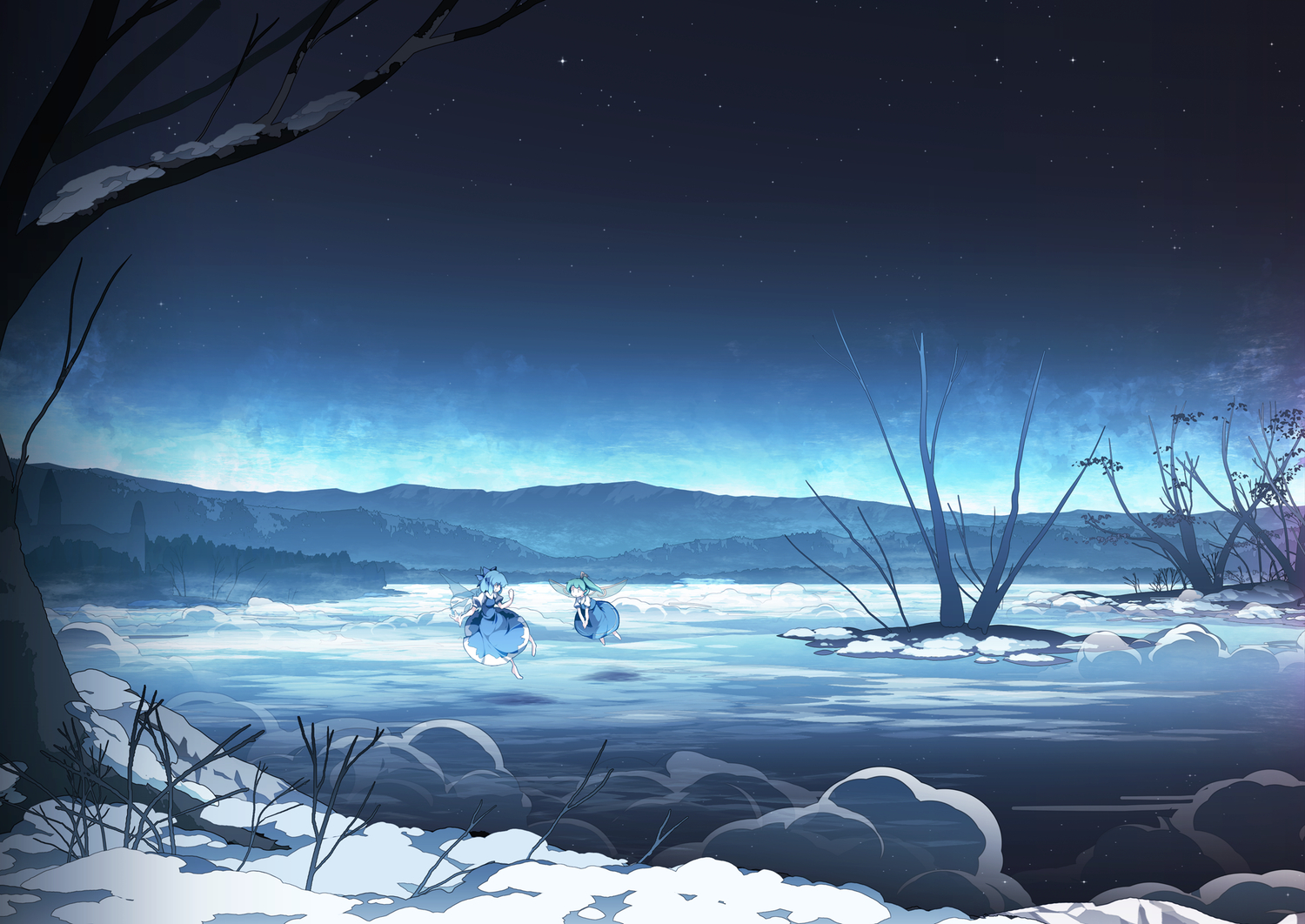 2girls, asakura_masatoki, barefoot, blue_hair, cirno, daiyousei, dress, fairy, green_hair, landscape, night, ribbons, scenic, short_hair, sky, snow, stars, touhou, tree, wings, winter