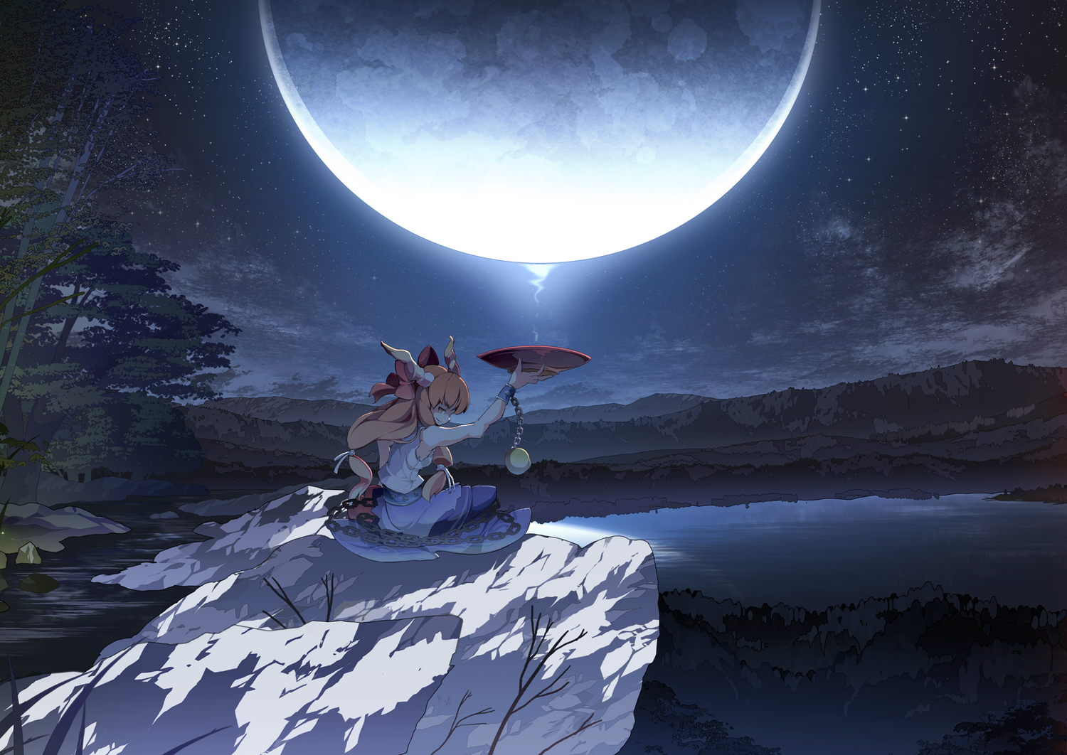 asakura_masatoki, bow, brown_hair, horns, ibuki_suika, landscape, long_hair, moon, night, scenic, sky, stars, touhou, tree, water, yellow_eyes