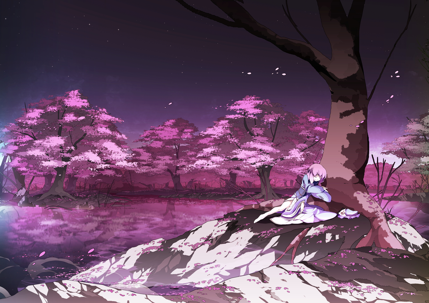 asakura_masatoki, barefoot, cherry_blossoms, flowers, hat, landscape, night, petals, pink_hair, saigyouji_yuyuko, scenic, short_hair, stars, touhou, tree, water