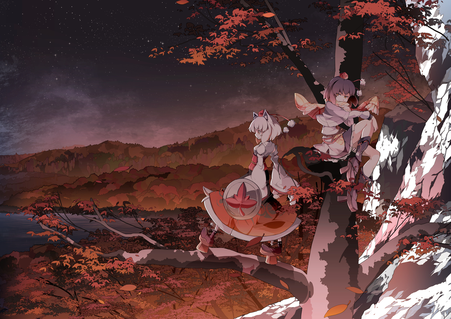 2girls, animal_ears, asakura_masatoki, autumn, brown_hair, hat, inubashiri_momiji, landscape