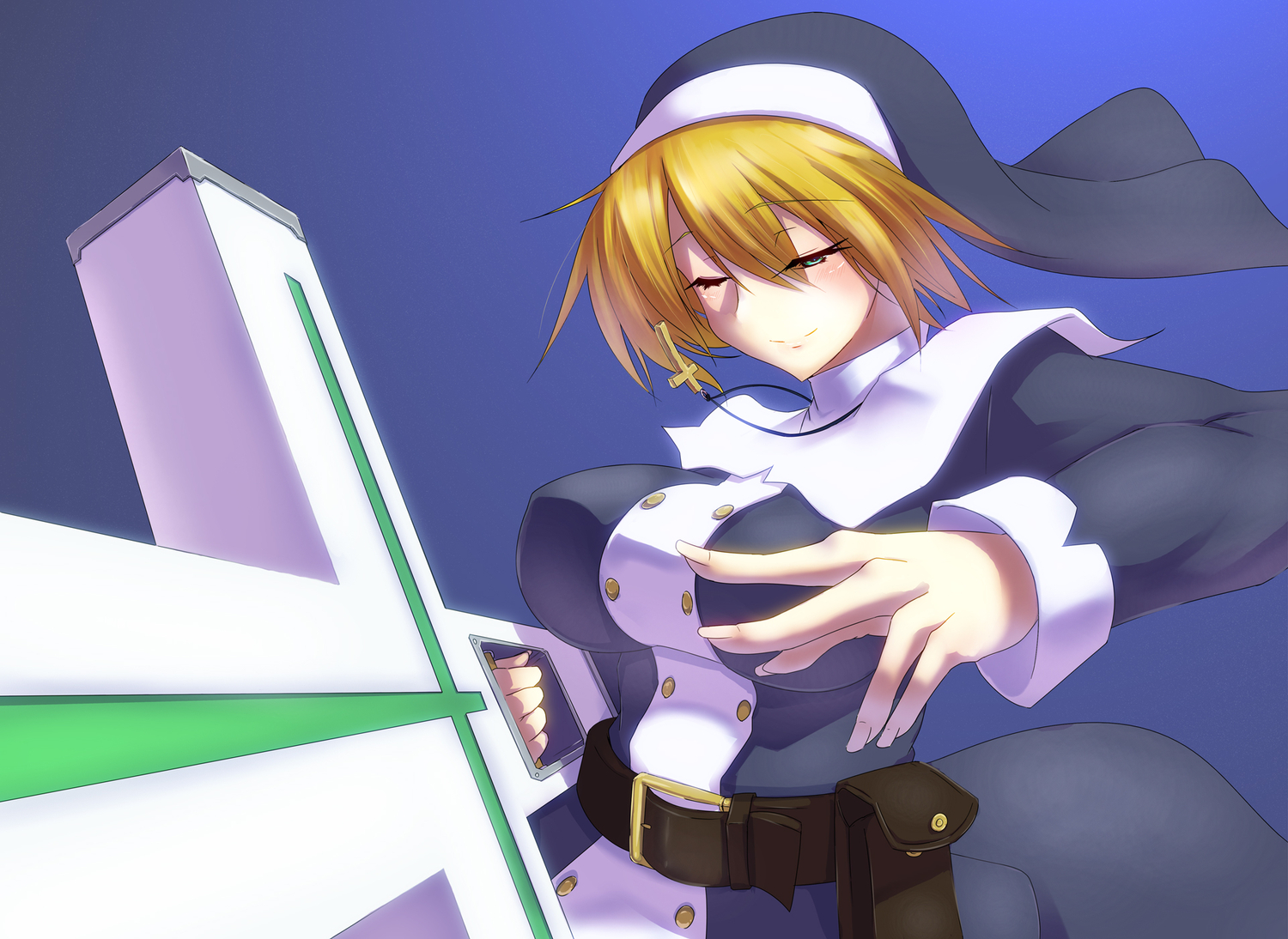 blonde_hair, blush, breasts, cross, green_eyes, necklace, nun, original, short_hair, weapon, wink, yamaneko_ken