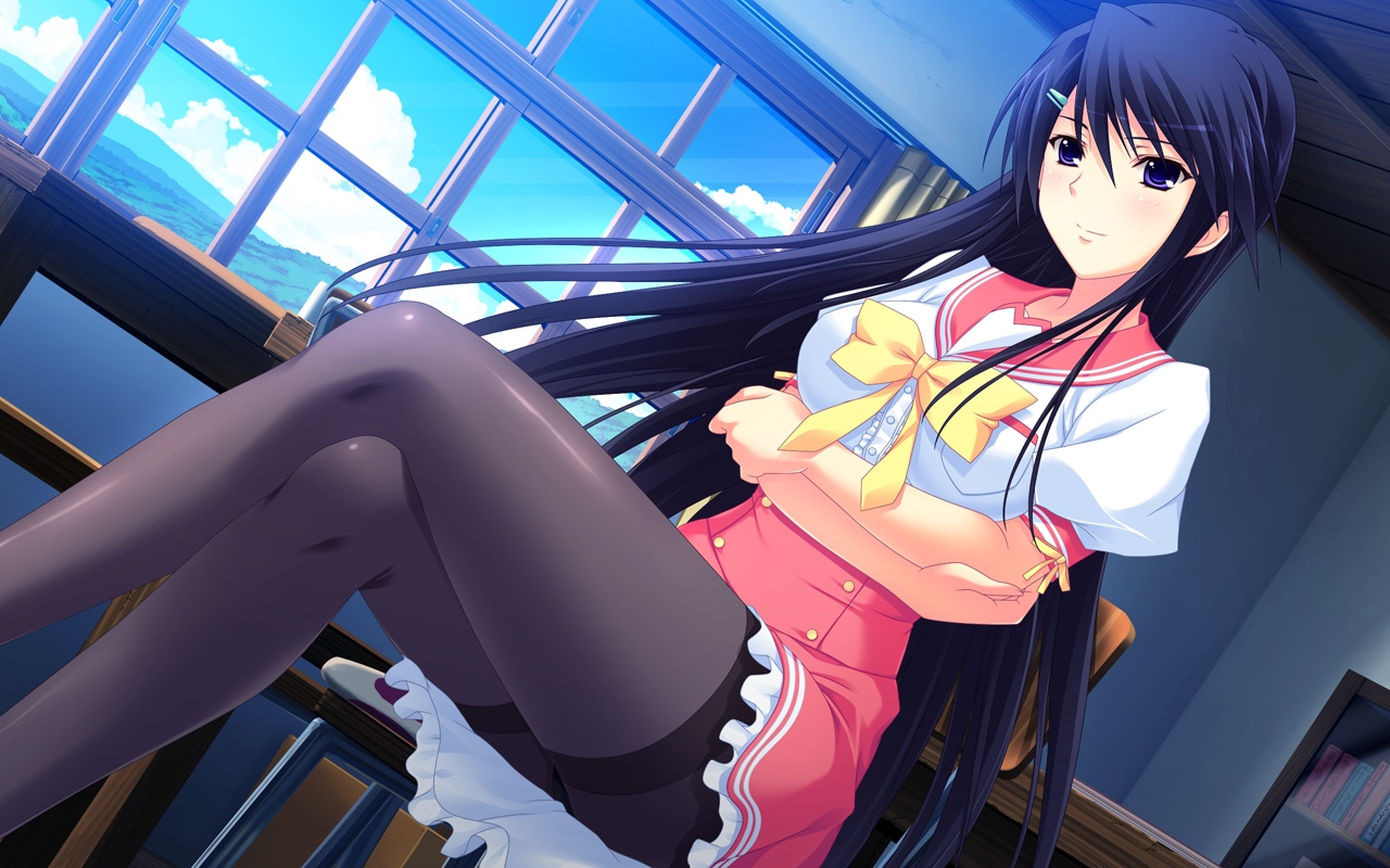 black_hair, blush, game_cg, long_hair, owari_mio, pantyhose, peassoft, ribbons, tagme, tagme_(artist), zutto_tsukushite_ageru_no!