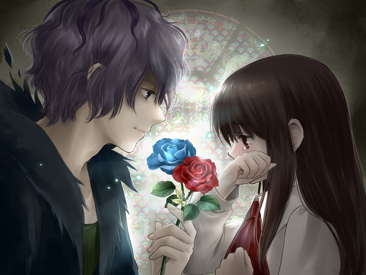 blonde_hair, blue_eyes, brown_hair, crying, flowers, gary_(ib), green_eyes, ib, ib_(ib), long_hair, rose, shiitake_(gensoudou), short_hair, tears