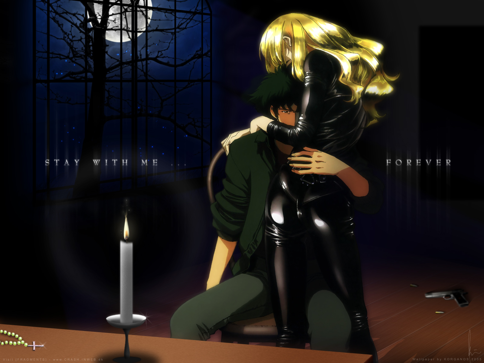 blonde_hair, cowboy_bebop, cross, fire, gun, julia, long_hair, male, moon, night, spike_spiegel, tree, weapon